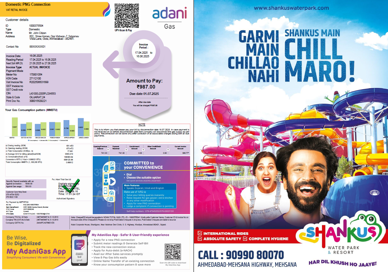 India Adani Gas utility bill template in Word and PDF formats, 3 pages, 1 2 pages